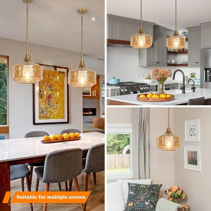 Retro Gold Pendant Lights Kitchen Island Lighting Fixture, Glass Pendant Light Large Brass with Large Thickened Amber Glass Shade, Classic Globe Pendant Light. Adjustable Hanging Light for Home Decor