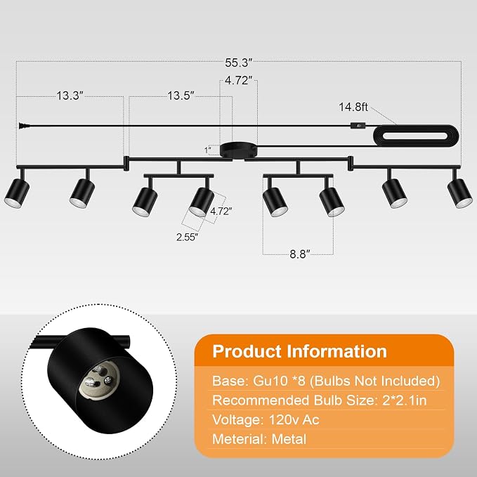 Plug in Track Lighting LED, Track Lighting Fixtures Ceiling, Black 8-Light Kitchen Light Kit, Plug in Wall Light with 14.8ft Power Cord, Rotatable Ceiling Spotlight for Bedroom(GU10 Socket, NO Bulb)