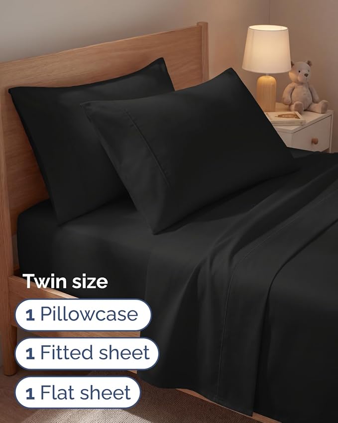 Twin 4 Piece Sheet Set - Comfy Breathable & Cooling - Ultra Soft Hotel Luxury Bedding Set with 8-16 Inch Deep Pockets - 1 Flat & 1 Fitted Sheet & 2 Pillowcases - Cozy, Wrinkle Free & Easy Care - Black