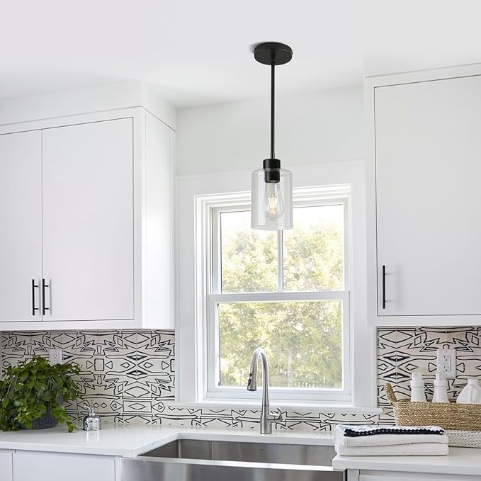 3 Pack Black Pendant Lights Kitchen Island, Modern Industrial Matte Black Hanging Light Fixtures, Adjustable Downrod Farmhouse Glass Pendant Lighting for Dining Room Bedroom Hallway Entryway