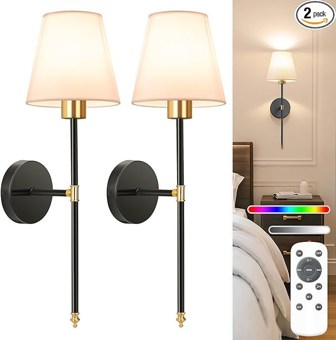 NIORSUN 19.9 inch Battery Operated Wall Sconce Set of 2,Gold-Black Rechargeable Wall Lights with 10400mAh Dimmable Detachable Bulbs and Remote, Wireless Sconces for Bedroom Living Room Hallway
