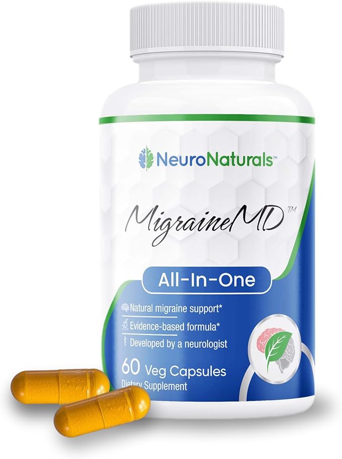 MigraineMD - Prévention naturelle des migraines, soulagement des maux de tête, CoQ10, Bisglycinate de magnésium, Mélatonine, Vitamine B2, Vitamine D3, 60 gélules