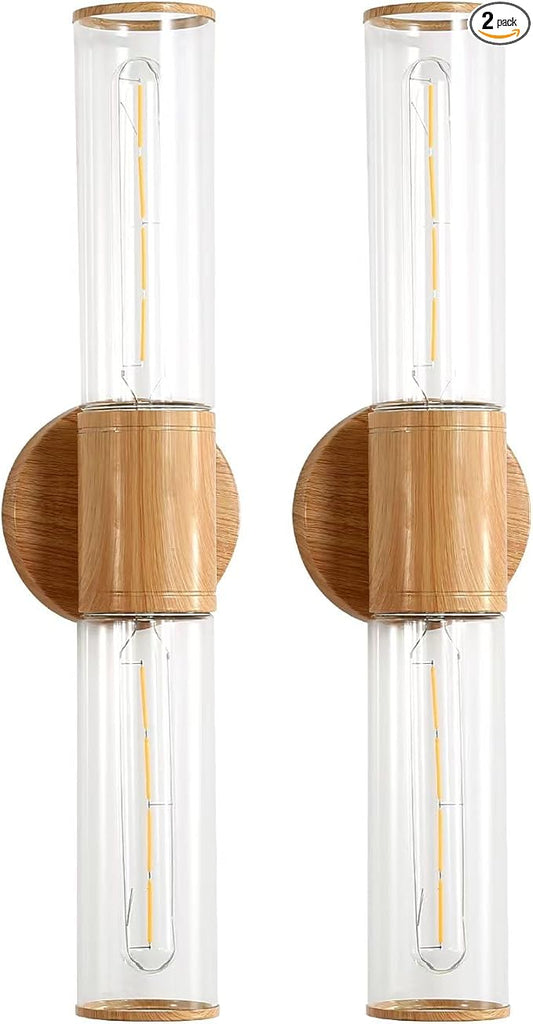 Bathroom Vanity Lighting Fixture, 2-Light Wood Grain Wall Sconce Light Fixture with Clear Glass, E26 Socket Indoor Wall Lamp, Modern Wall Sconce for Mirror Living Room, 2 Pack
