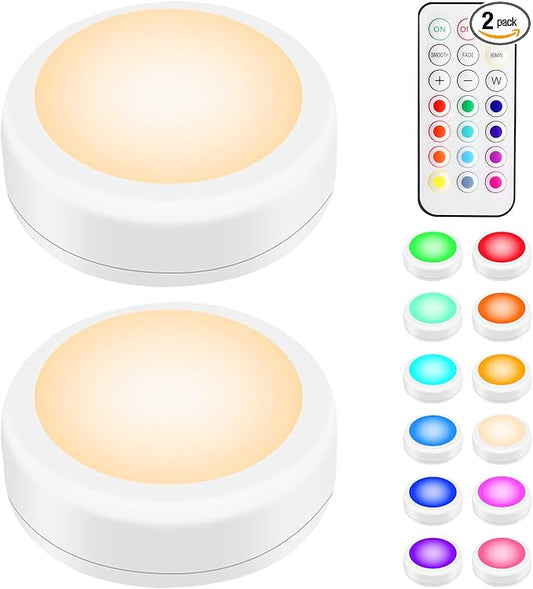 BLS LED Puck Lights with Remote Control, Wireless Under Cabinet & Closet Lighting, RGB 13 Color Changing Lights with Dimmer, Timer & AA Battery Operated, Push, Touch, Stick on for Night, White, 2 Pack
