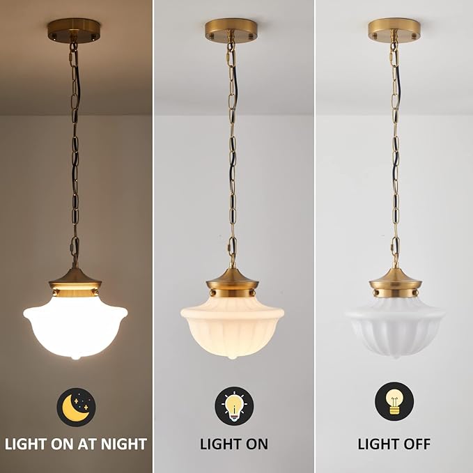 youngrender Schoolhouse Pendant Fixtures, 9" Brass Gold Milk Glass Pendant Light, Adjustable Mid Century Ceiling Pendant Lighting for Bedroom Kitchen Living Room Hallway Dining Room
