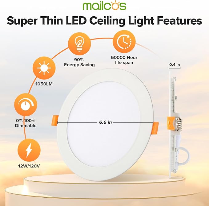 MAILCOS 24 Pack 6 Inch 5CCT Ultra-Thin LED Recessed Ceiling Light with Junction Box, 2700K-5000K Selectable, 1050LM High Brightness, Dimmable Canless Wafer Downlight, 12W 120V, ETL