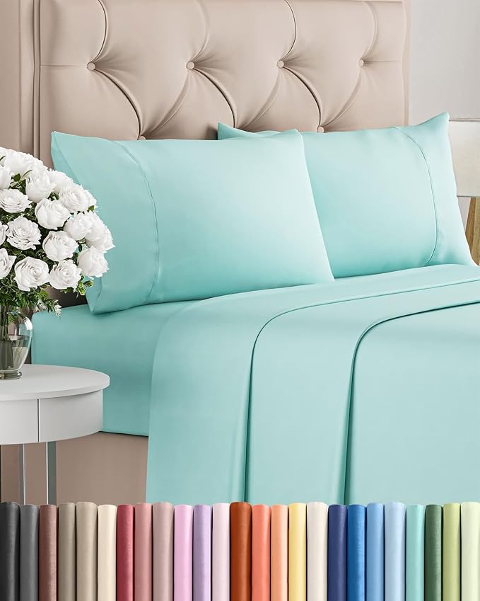 Twin 4 Piece Sheet Set - Comfy Breathable & Cooling - Ultra Soft Hotel Luxury Bedding Set w/ 8-16 Inch Deep Pockets - 1 Flat & 1 Fitted Sheet & 2 Pillowcases - Wrinkle Free and Easy Care - Spa Blue