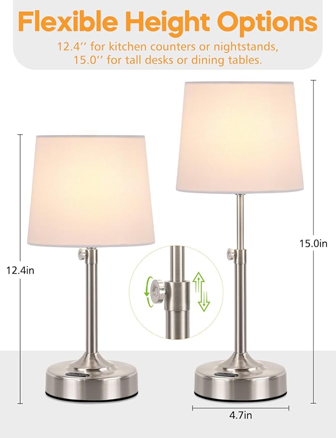 Height Adjustable Cordless Table Lamp with 2H/4H/6H Timer, Rechargeable Battery Operated Lamp Dimmable, Portable Battery Lamp for Camping Restaurant, Brushed Nickel LED Wireless Lamps, Bulb Included