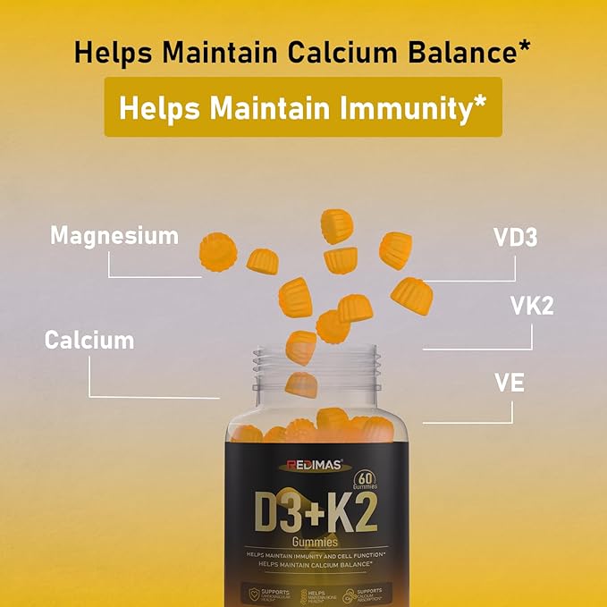 Calcium Gummies with Vitamin D3, K2 and Vitamin E, Chewable Calcium and Magnesium Supplement with Multi-Vitamin Complex, Gummy Format for Daily Nutrient Intake for Women and Men, 60 Gummies