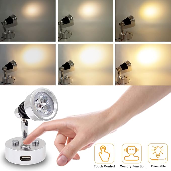 RV Lights Interior Fixture, 12V LED with USB Port RV Reading Light Dimmable Touch Bedside Light Warm White for Camper Trailer Caravan Truck Boat Motorhome Lighting