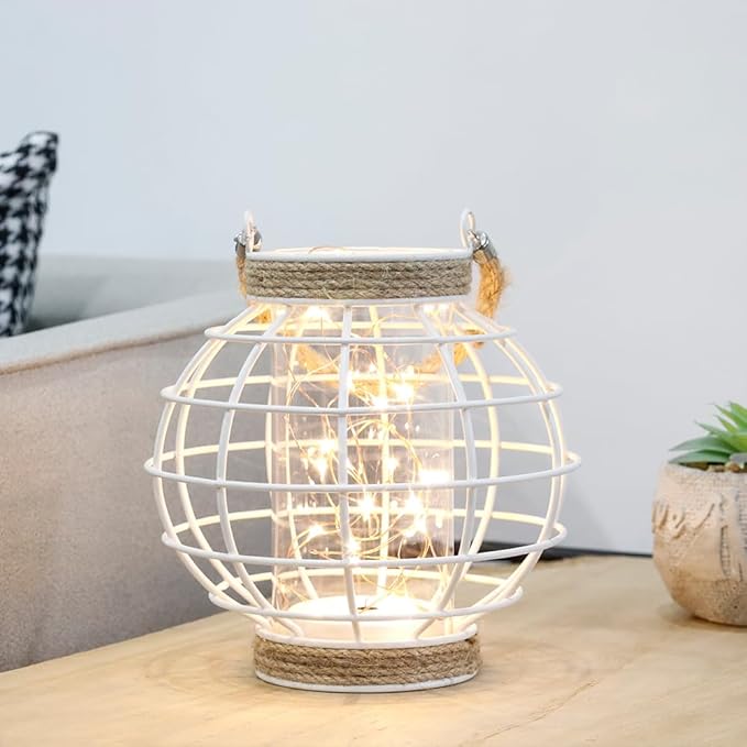 JHY DESIGN Metal Cage LED Lantern Battery Powered,7.3" Tall Cordless Accent Light with 20pcs Fairy Lights.Great for Weddings, Parties, Patio, Events for Indoors/Outdoors(White)