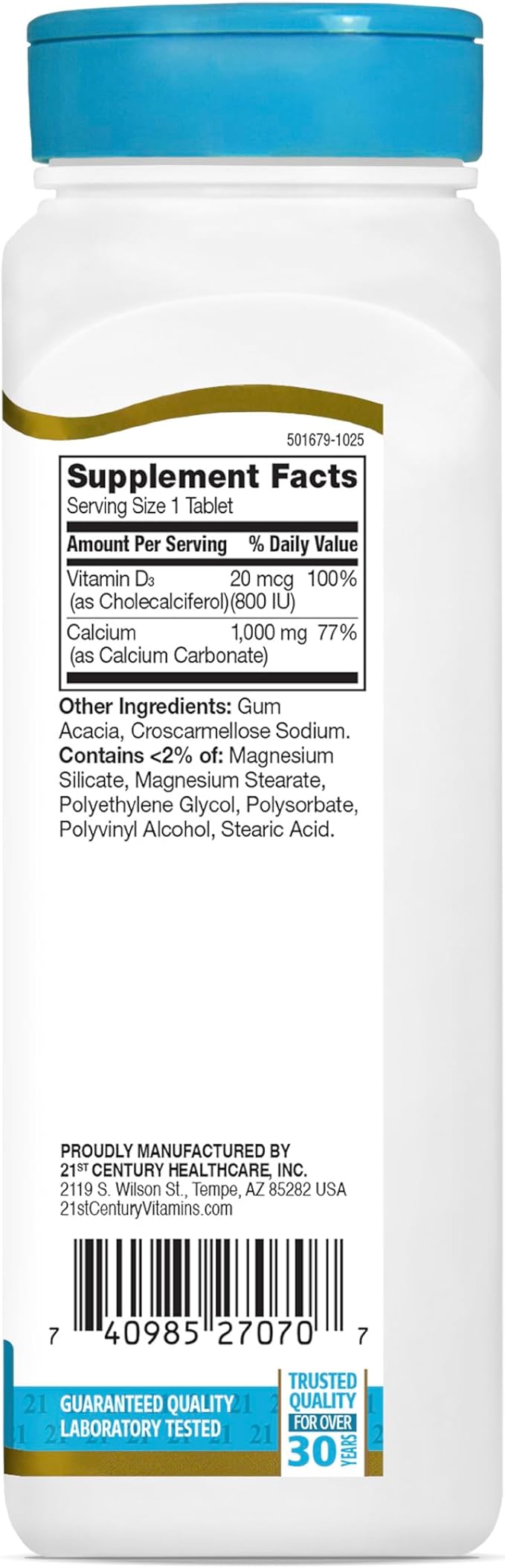 21st Century Calcium Plus D3 Tablets, (90 Count), 1000mg Calcium with Vitamin D3 20mcg (800 IU), Gluten-Free & Non-GMO, Bone Health Supplement for Men & Women, No Added Yeast or Artificial Flavors