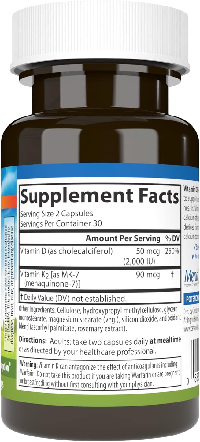 Carlson - Vitamine D3 + K2, 50 mcg (2000 UI) Vitamine D3 & 90 mcg Vitamine K2 sous forme de MK7, Soutien Osseux, Absorption du Calcium, 60 Gélules
