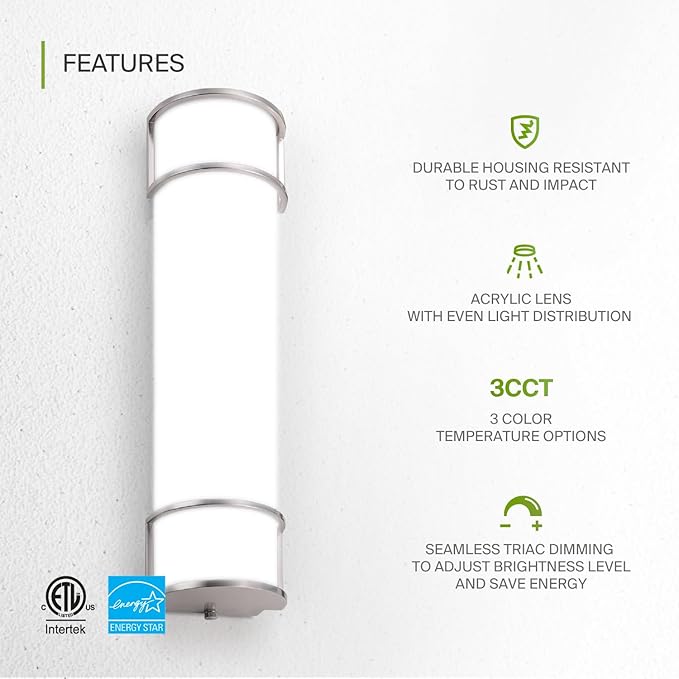 ASD LED 24" Vanity Flush Mount Light Fixture, Linear Bathroom Lighting Bar | 3CCT, Dimmable, Energy Star, ETL Listed | 25W 1950LM 3000-5000K 120V | Long Tube Bath Wall Sconce Over Mirror | Nickel