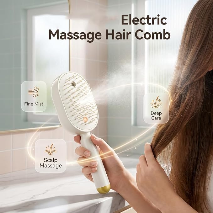 Upgrade Rechargeable 3 in 1 Self Cleaning Hair Brush with Water Spray, 2026 New Electric Steam Brush for Hair, Electric Spray Air Cushion Massage Comb for Long Short Hairs Frizz Control (White-1)