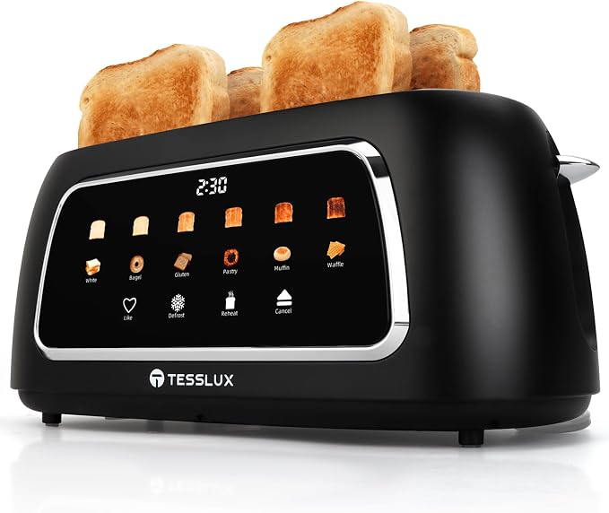 Tesslux 4 Slice Toaster with Touch Screen Control, 1.5" Wide Long Slots, 6 Browning Levels & 6 Bread Types, Digital Timer, Memory, Defrost, Reheat (Black, 4 Slice)