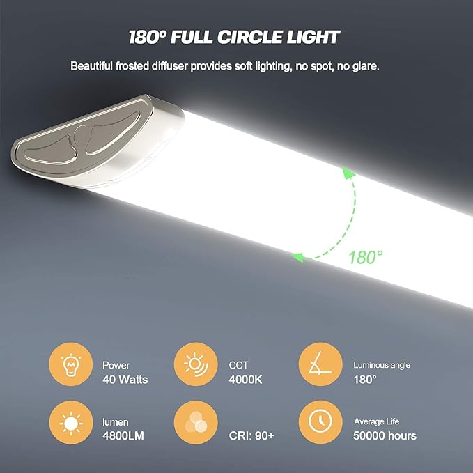 Dimmable 4FT LED Kitchen Puff Ceiling Lights, 40W, 4800LM, 4000K, 4 Foot LED Linear Fixture 48 Inch Flush Mount Wraparound Shop Light for Garage, Office, Fluorescent Tube Replacement