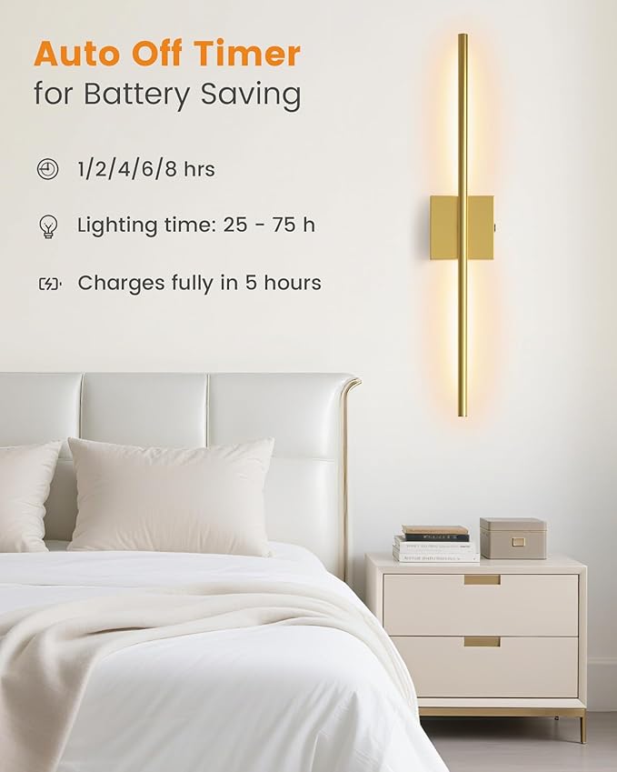 VOLISUN Battery Operated Wall Sconces Set of Two, Rechargeable Wall Sconces with Remote, 3000K-6500K Dimmable Battery Wall Sconce Decor, 27.6'' Wireless Wall Lights for Bedroom, Living Room(Gold)