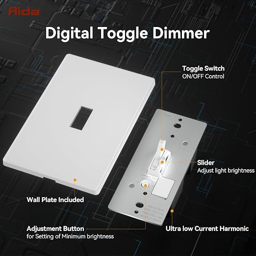 AIDA Digital Toggle Dimmer Switch for Dimmable LED, CFL & Incandescent Bulbs, Single Pole/3-Way, Screwless Wall Plate Included, UL Listed, No Neutral Wire Needed, Matte White (2 Pack)