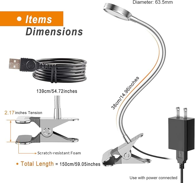 LEPOWER Clip on Light/Reading Light/Book Lights/Desk Lamp Color Changeable/Night Lights Clip on for Desk, Bed Headboard and Computers, Adapter Included, Silver