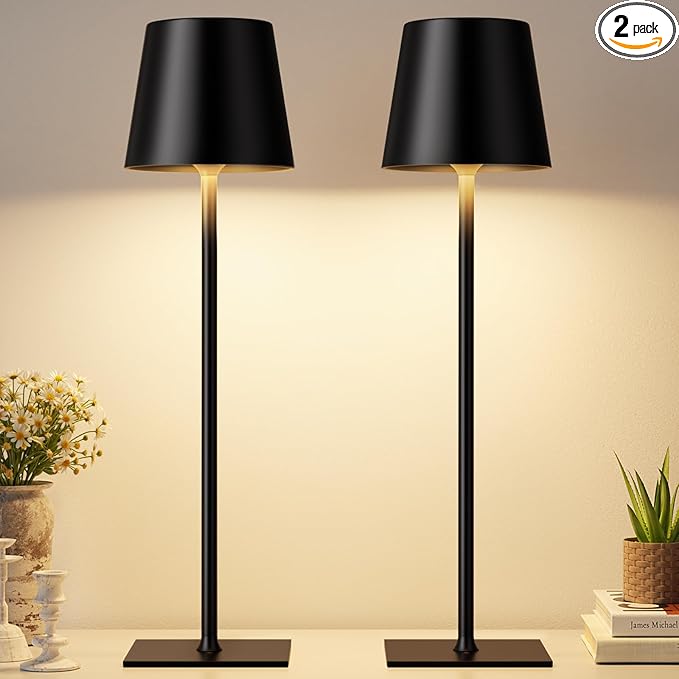 Kakanuo Black Cordless Rechargeable Table Lamp, 2 Pack Portable Desk Lamp with 5000mAh Battery, Touch Control Stepless Dimming, Wireless Night Light for Dining, Outdoor Camping, Coffee Shop