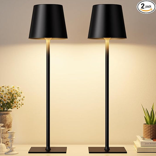 Kakanuo Black Cordless Rechargeable Table Lamp, 2 Pack Portable Desk Lamp with 5000mAh Battery, Touch Control Stepless Dimming, Wireless Night Light for Dining, Outdoor Camping, Coffee Shop