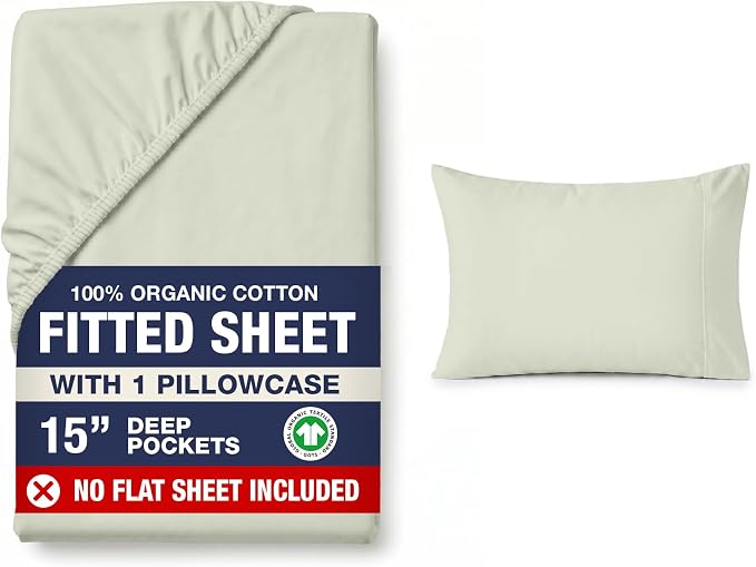 LANE LINEN Twin Size Fitted Sheet & Pillowcase (No Flat Sheet) - 100% Organic Cotton Soft & Breathable Percale Weave For Crisp & Cool Sheets - 15'' Deep Pocket For Snug Fit - GOTS Certified - Mineral