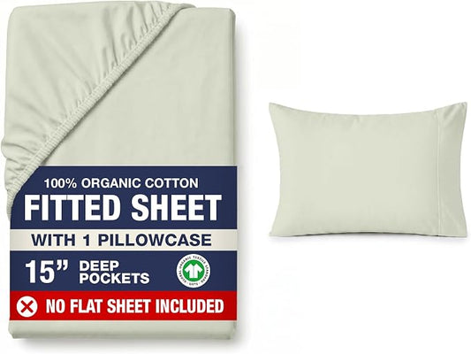 LANE LINEN Twin Size Fitted Sheet & Pillowcase (No Flat Sheet) - 100% Organic Cotton Soft & Breathable Percale Weave For Crisp & Cool Sheets - 15'' Deep Pocket For Snug Fit - GOTS Certified - Mineral