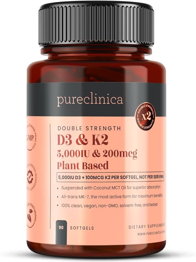 pureclinica Vitamine D3 + K2 (MK-7) double dose – 5 000 UI D3 + 100 µg K2 x 90 gélules végétaliennes – D3 de lichen et MK-7 de natto d'origine végétale – Absorption améliorée avec de l'huile TCM – 3 mois d'approvisionnement