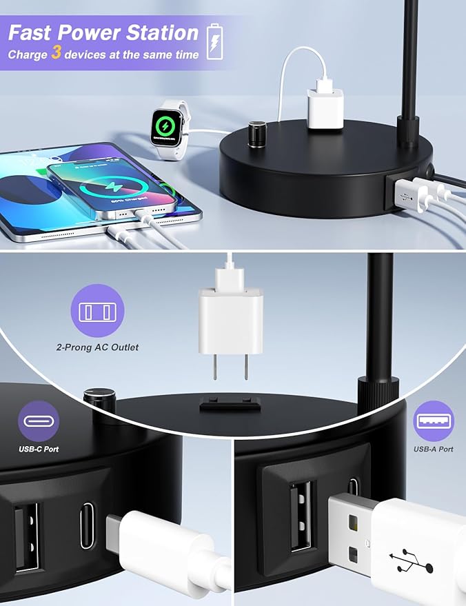 Innqoo Black Table Lamp for Bedroom with USB Port and Outlet, Dimmable Nightstand Bedside Lamps with Linen Lampshade, Desk Lamp for Home Office, Living Room, Guest Room, LED Bulb Included