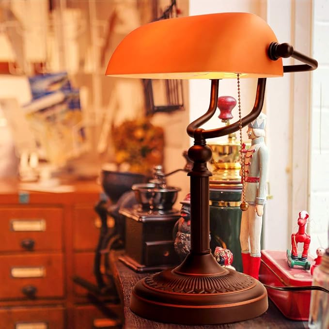 Matted Orange Glass Bankers Desk Lamp with Pull Chain Switch Plug in Fixture
