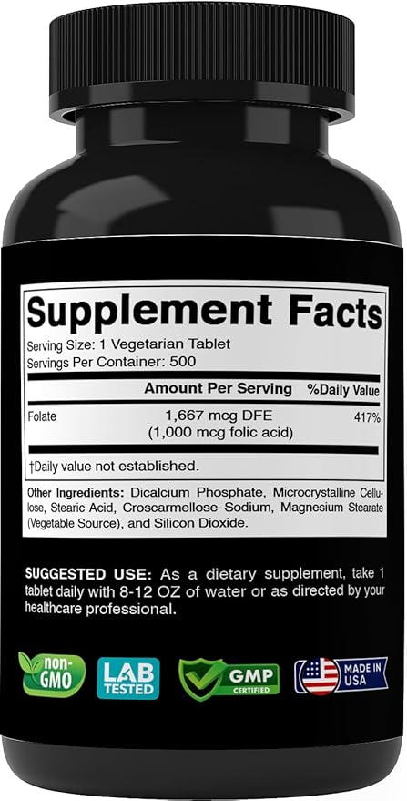 Vitabod Folic Acid 1 mg (1000 mcg) (Vitamin B9) - 500 Vegetarian Tablets - an Essential Prenatal and Postnatal Vitamin