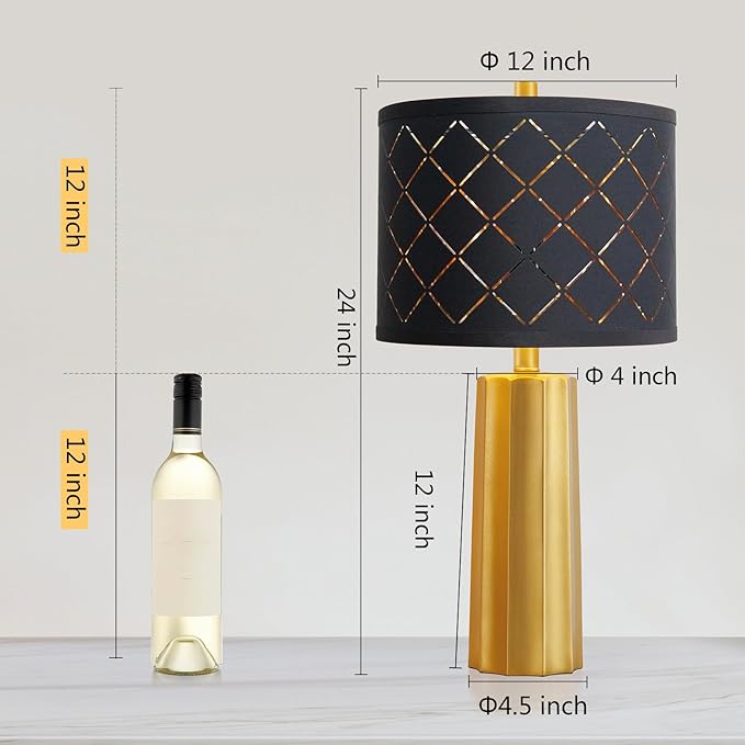 Set of 2 Modern Table Lamps for Living Room Bedroom, Gold Nightstand Resin Lamps with Black Grid Shade, Contemporary Desk Lamps for Bedside End Tables, 2 Bulbs Included (Gold)