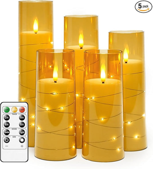 kakoya Flameless LED Candles with Timer 5 Pc Flickering Flameless Candles for Romantic Ambiance and Home Decoration Stable Acrylic Shell,with Embedded Star String，Battery Operated Candles（Gold）