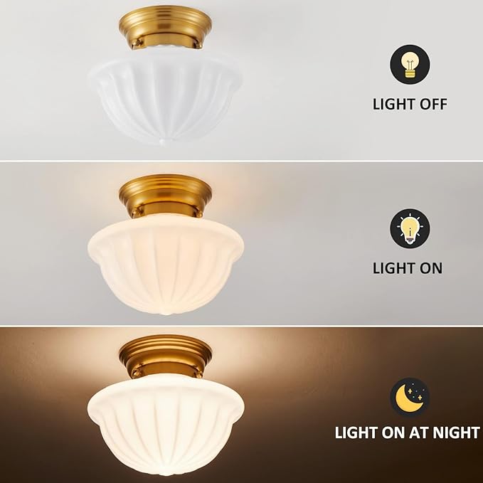 youngrender Schoolhouse Light Fixture Gold, 9" Modern Mid Century Semi Flush Mount Ceiling Light with Opal Milk Glass Shade for Bedroom, Kitchen, Dining Room, Bathroom, Hallway, Stairway, Entryway