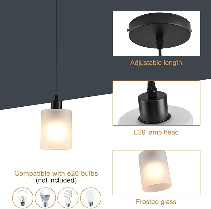 3-Pack Industrial Pendant Lighting, Modern Frosted Glass Shade Farmhouse Adjustable Hanging Light Fixtures for Kitchen Island Living Room Bedroom Hallway