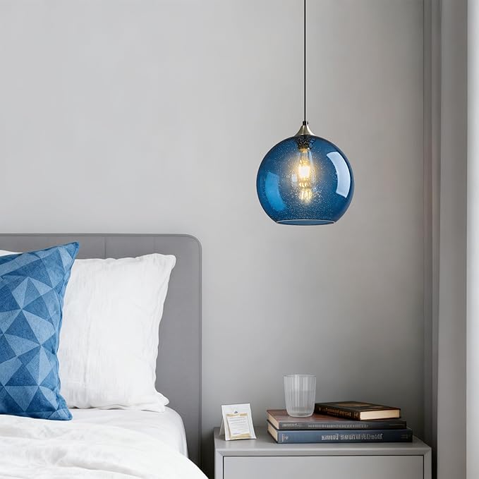 Mikeru Glass Globe Pendant Light Single, 5.9 Inch Blue Bubble Glass Hanging Lamp, Mid Century Modern Pendant Lighting for Kitchen Island Dining Room Bedroom (Bulb Not Included)