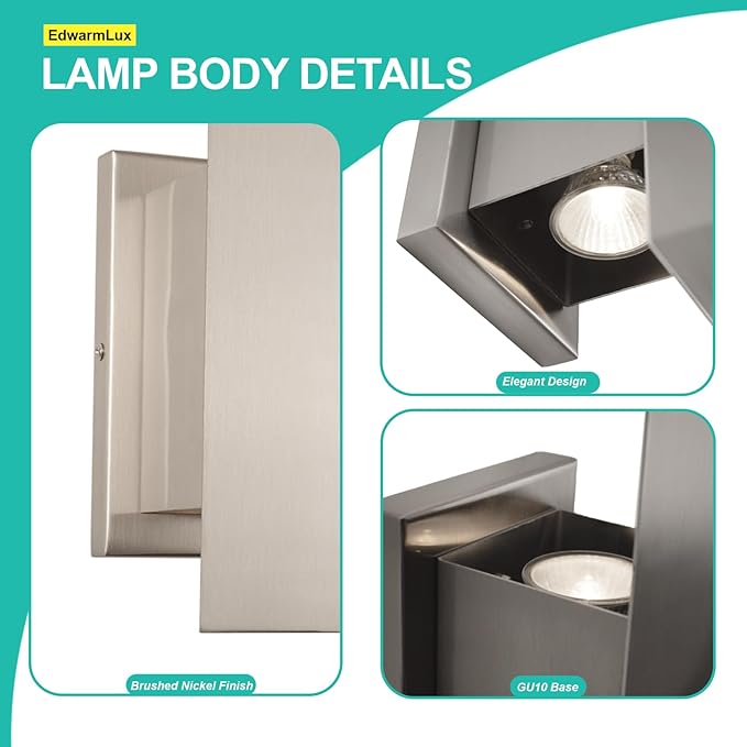 Edwarmlux Indoor Wall Sconces, Modern Wall Lights, Up and Down Wall Mount Light, Dimmable Hardwired Wall Light for Bedroom, Living Room, Hallway, GU10 Bulbs Excluded (Brushed Nickel)