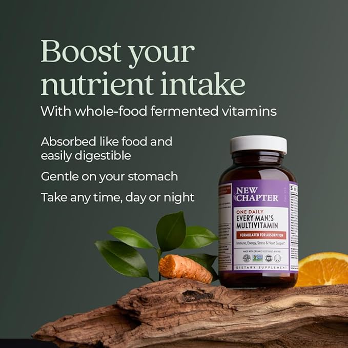New Chapter Men’s Multivitamin, B6, Extra B12, D3, Vitamin C & Zinc, Immune, Heart, Cellular Energy, and Brain Health, Gentle on The Stomach, One Daily, Non-GMO, Gluten-Free, 18+, 96 Tablets