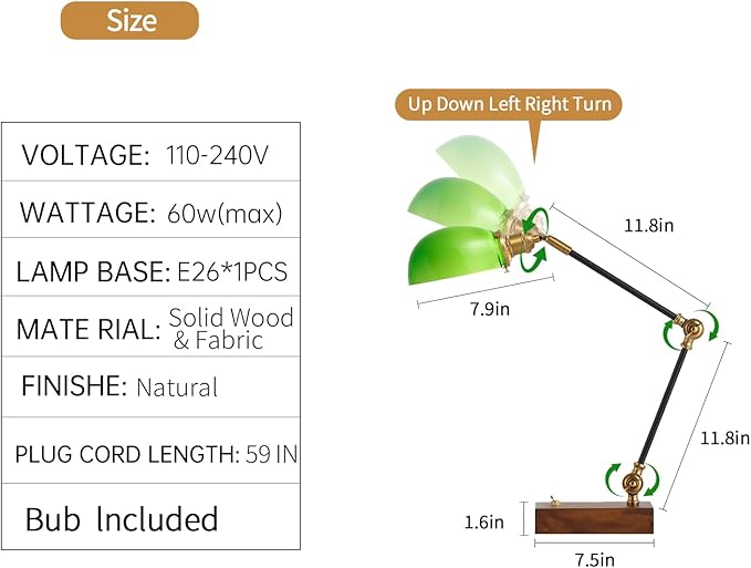 Bankers Lamp, Adjustable Traditional Green Desk Lamp with Solid Ash Wood Base, Green Glass Antique Library Lamp with Power Cord Switch, Plug in Vintage Bankers Table Lamp for Office 【E26 Socket】