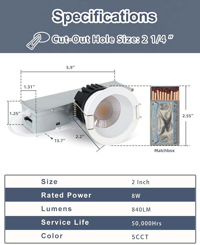 Aosclex 2 Inch 5CCT Anti-Glare LED Recessed Lights with Jbox, 2700K/3000K/3500K/4000K/5000K Selectable, 8W 840LM CRI90+, Dimmable Canless Downlight, Waterproof Light Fixtures, ETL & FCC（White, 6 Pack）