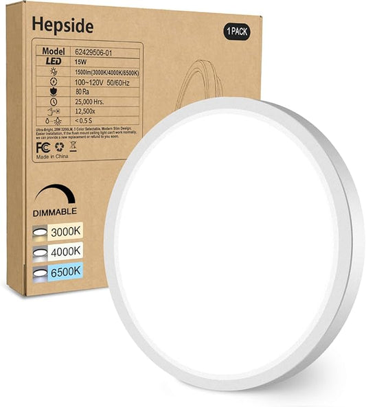 hepside 1Pack Dimmable Flush Mount Ceiling Light Fixture White, 3000/4000/6500K Ceiling Lamp, 7.5INCH 15W 1500LM Low Profile Light for Bedroom, Kitchen, Bathroom, Hallway