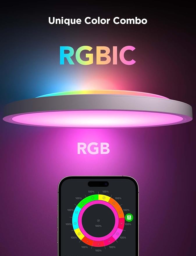 Govee Smart Ceiling Light, RGBIC LED Ceiling Light Fixture, 2400LM Flush Mount Light Fixture, DIY Colors, Works with Matter Alexa, 2700K-6500K Lights for Bedroom, Living Room,12 Inch, 1 Pack (White)