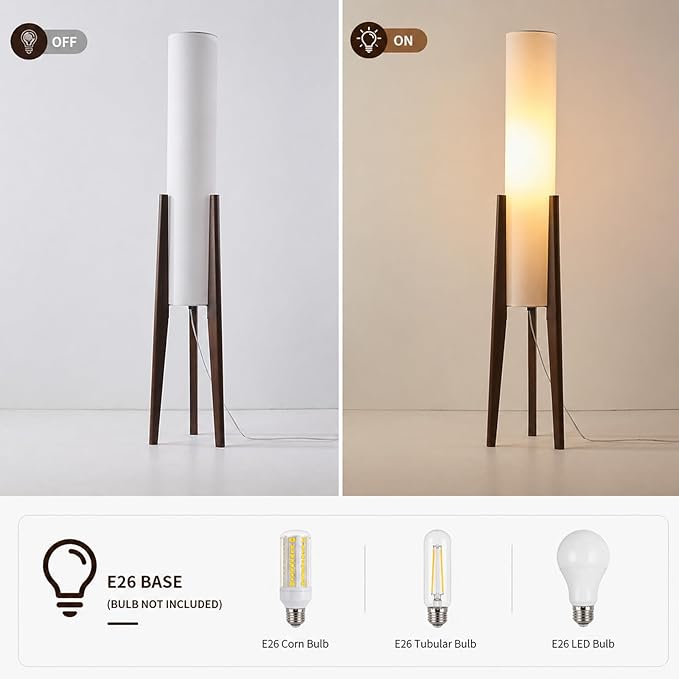 MIXL-Walnut Wood Finish Tripod Floor Lamp,Cylinder Shade Tall Standing Lamp,Rustic Living Room Floor Lamp,Mid Century Modern Standing Light for Bedroom Office