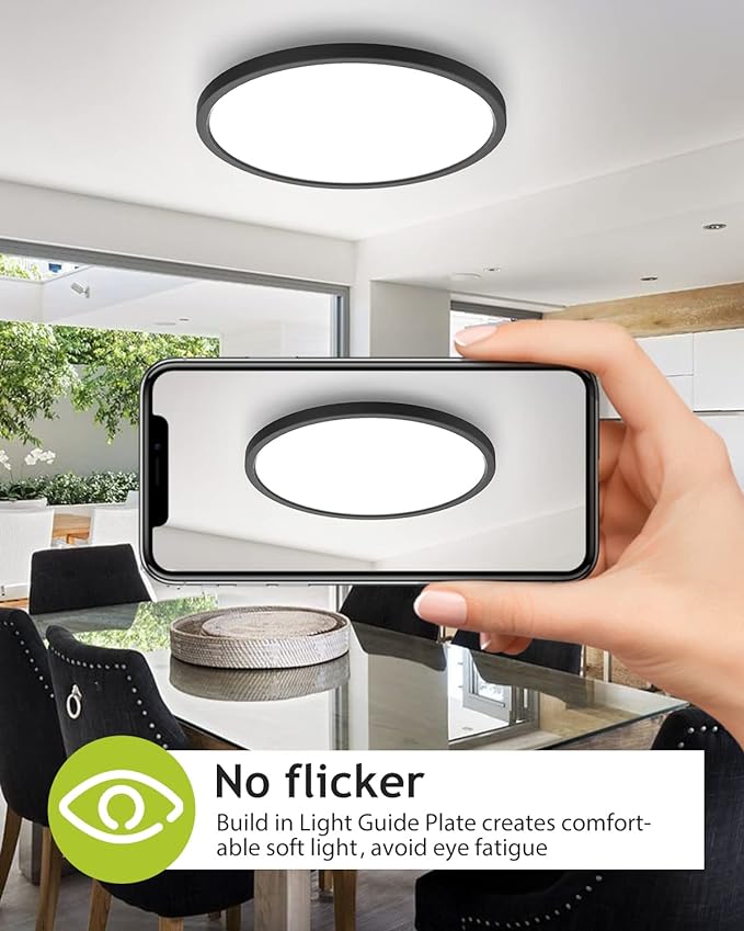 hepside 1PACK Flush Mount LED Ceiling Light Fixture Black, 12Inch 28W, Dimmable 3000K-4500K-6000K Ceiling Lamp 3200LM Low Profile Ceiling Light for Kitchen Bedroom Hallway