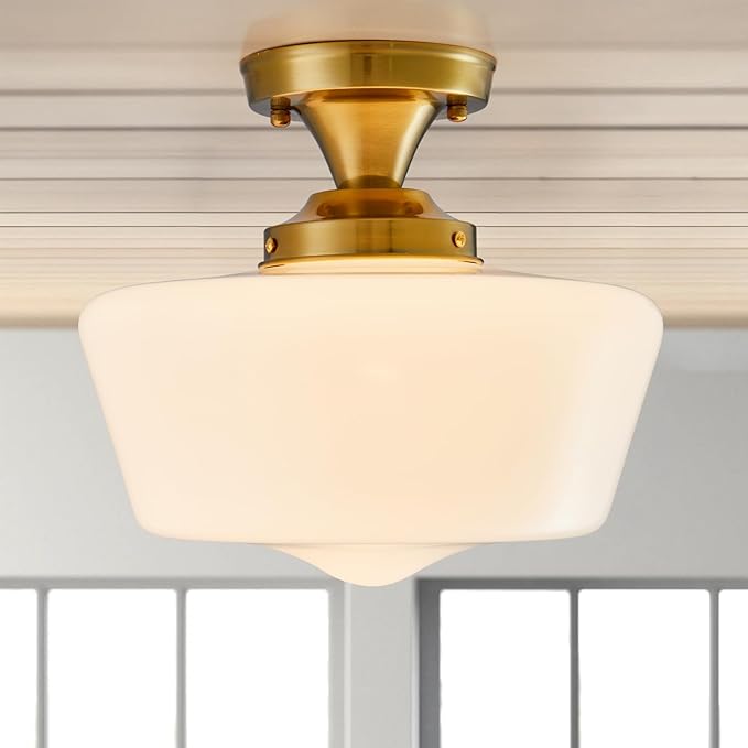 youngrender Semi Flush Mount Ceiling Light, Gold Schoolhouse Milk Glass Light Fixture, Vintage Brass Farmhouse Ceiling Light for Kitchen Hallway Entryway Bedroom Dining Room, E26