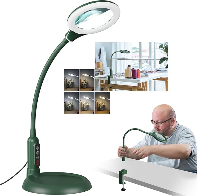 12X Magnifying Glass with Light and Stand, Real Glass, LED 5 Color Modes, Brightness Stepless Dimming Lighted Magnifier Hands Free, Flexible Gooseneck Desk Lamp with Clamp for Close Work, Craft, Green