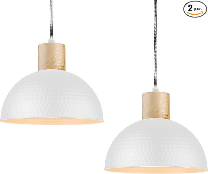 ELYONA 2 Pack Hammered Pendant Lights, 12" Modern Metal Dome Hanging Lamp Solid Wood Pendant Light Fixtures for Kitchen Island, Farmhouse, Dining Room, Sink, Bedroom, Hallway, Nordic White