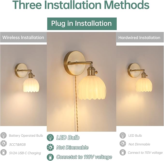 Shenmoyl Plug in Wall Sconce, White Tulip Glass Lampshade Wall Light Plugin Corded for Bedside Bedroom Doorway