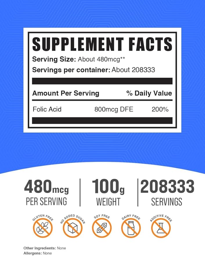 BulkSupplements.com Folic Acid Powder - Folate Supplement, Vitamin B9 - Gluten Free, 480mcg per Serving, 100g (3.5 oz) (Pack of 1)